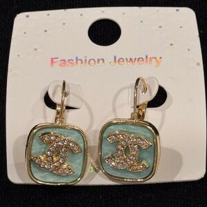 Fashion Jewelry Gold Drop Blue Earrings 1.25 inch